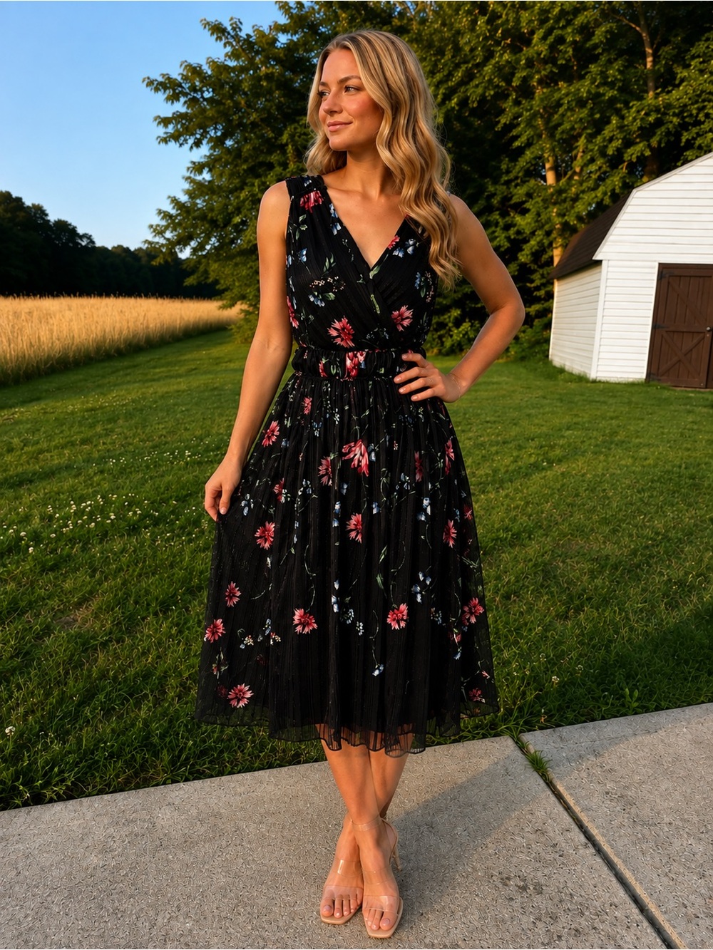 White House Black Market Black Floral Wrap Midi Dress